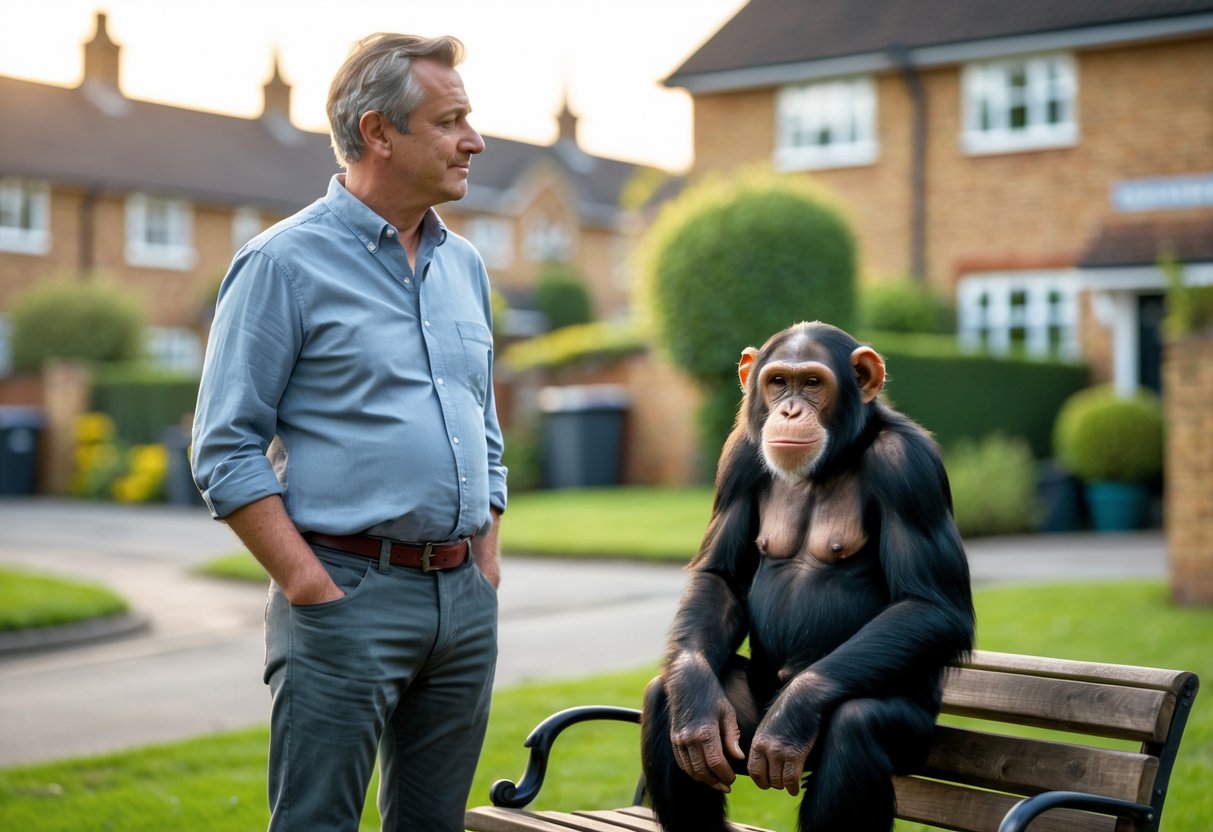 A man standing next to a chimpanzee sitting on a bench in a British suburban neighborhood.