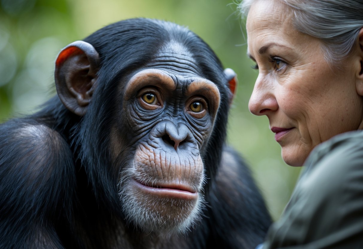 A chimpanzee and a human looking at each other closely outdoors.