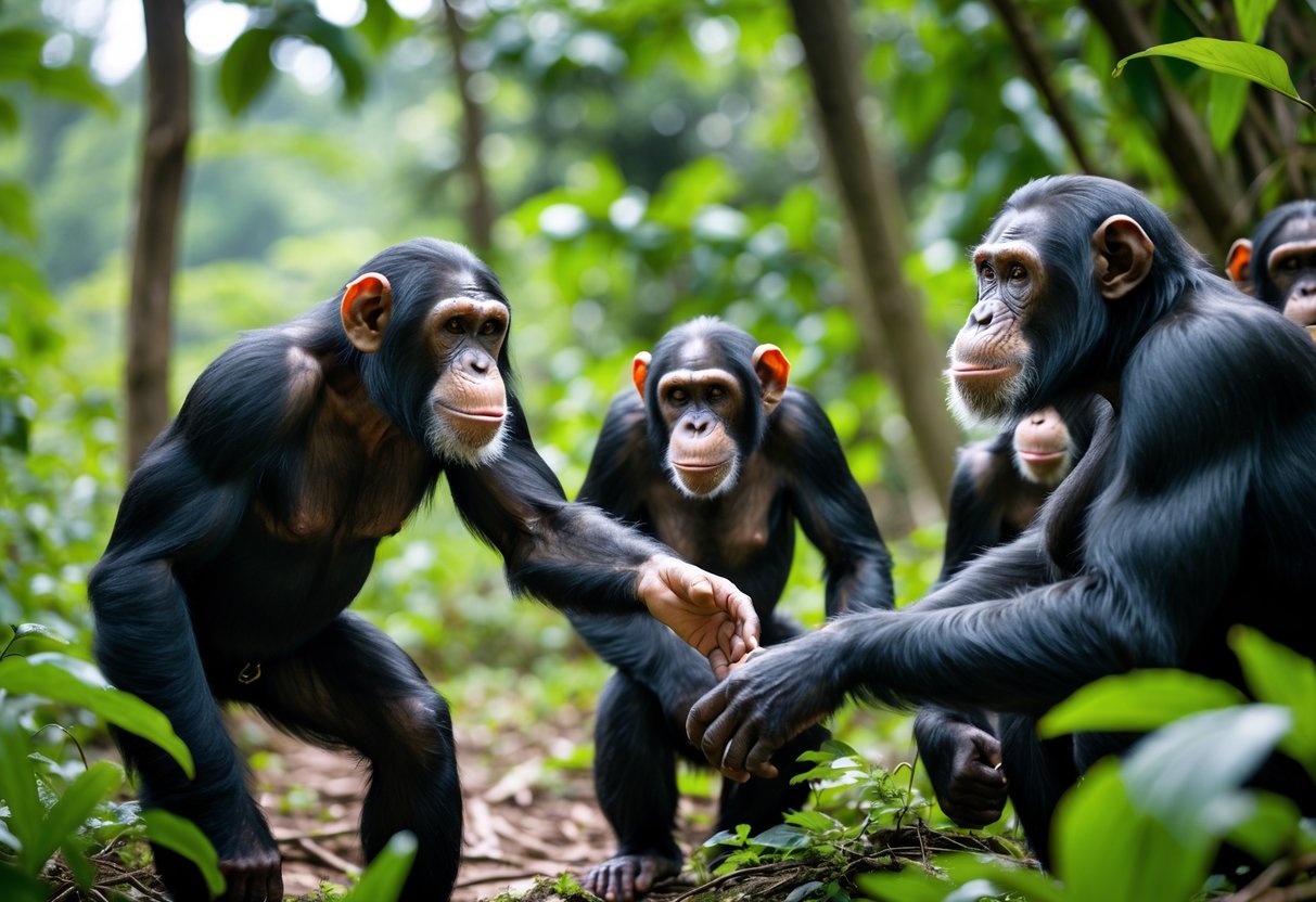 A person reaching out toward a startled chimpanzee in a forest while other chimpanzees watch nearby.