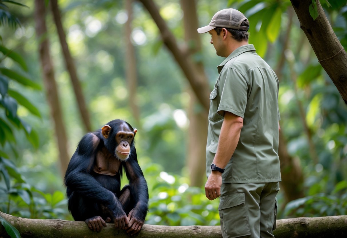 A person standing calmly at a distance from a chimpanzee sitting peacefully in a forest setting.