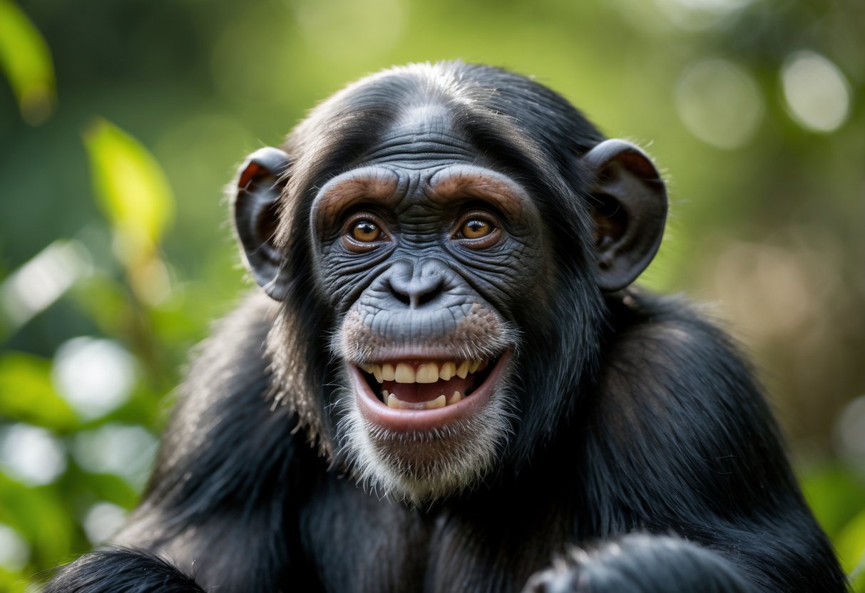 A close-up of a chimpanzee smiling happily in a green outdoor environment.