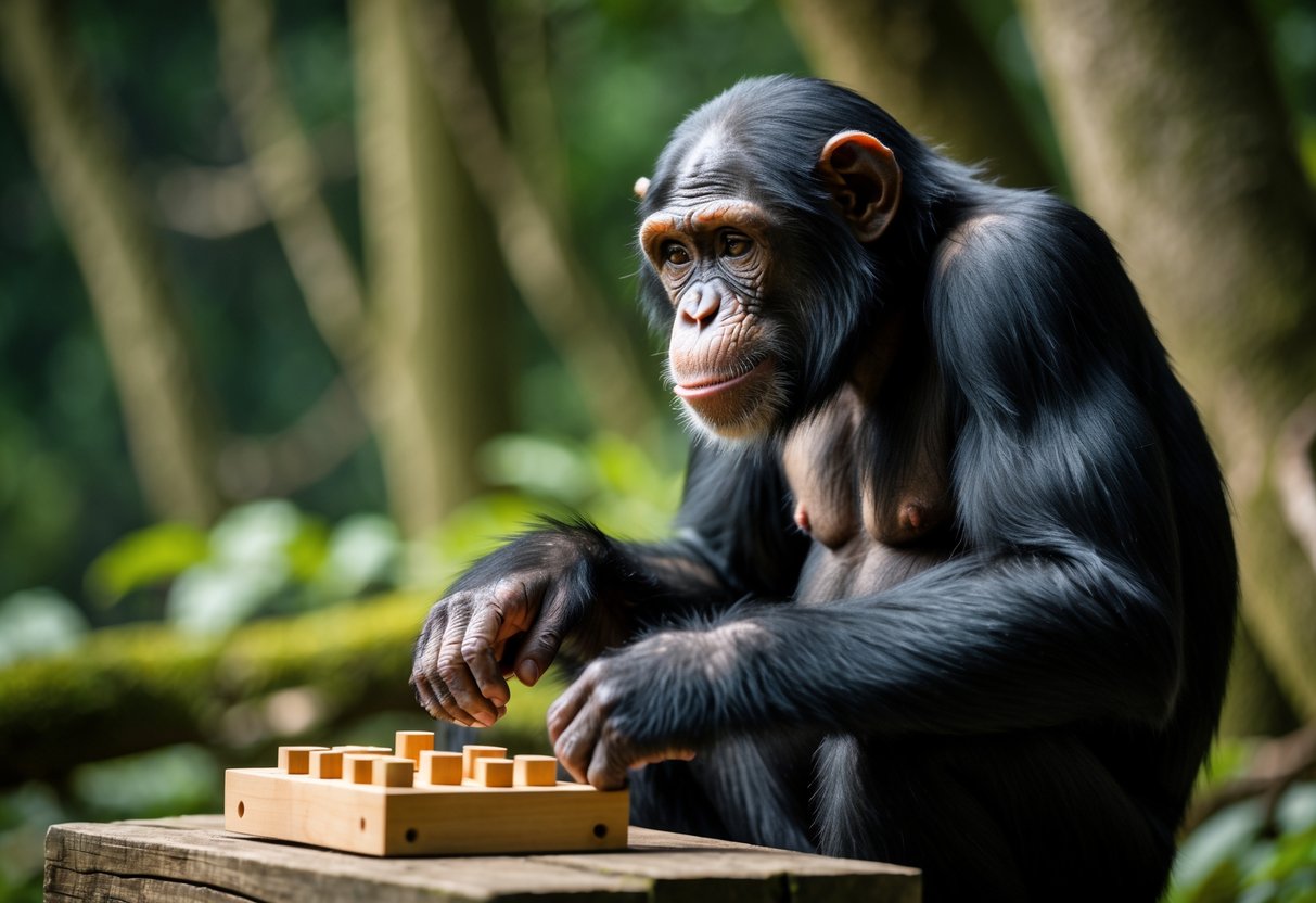 A chimpanzee sitting in a forest, looking thoughtfully at a puzzle on a wooden platform.