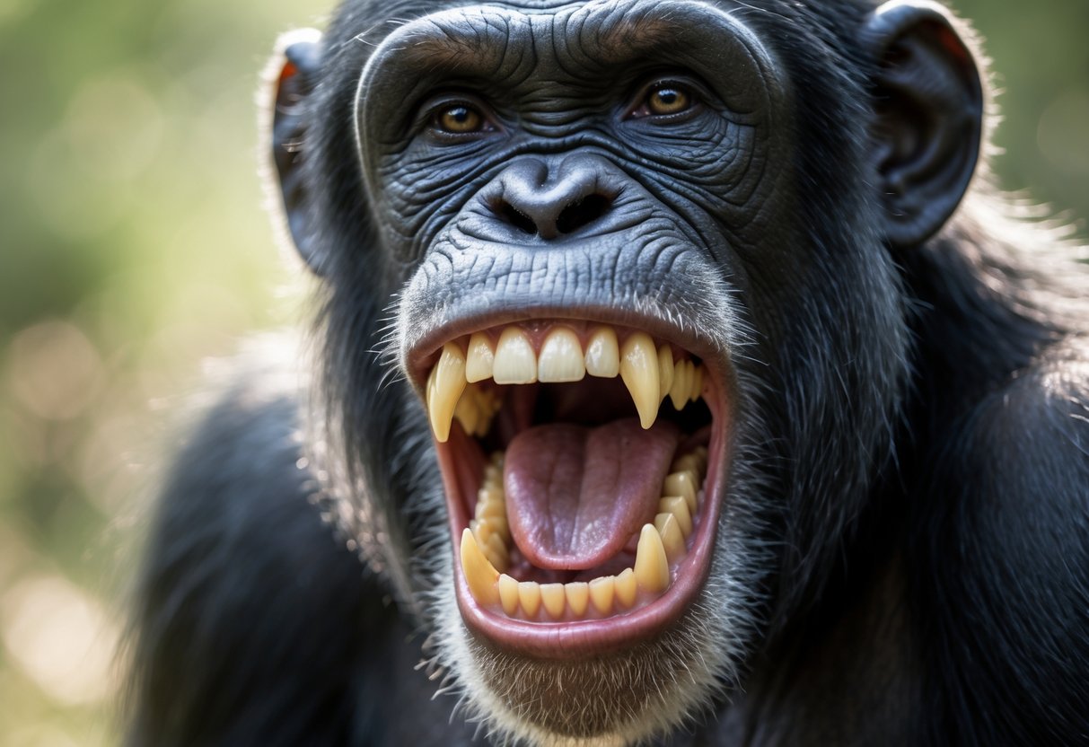 Close-up of a chimpanzee showing its open mouth and teeth in a natural outdoor setting.