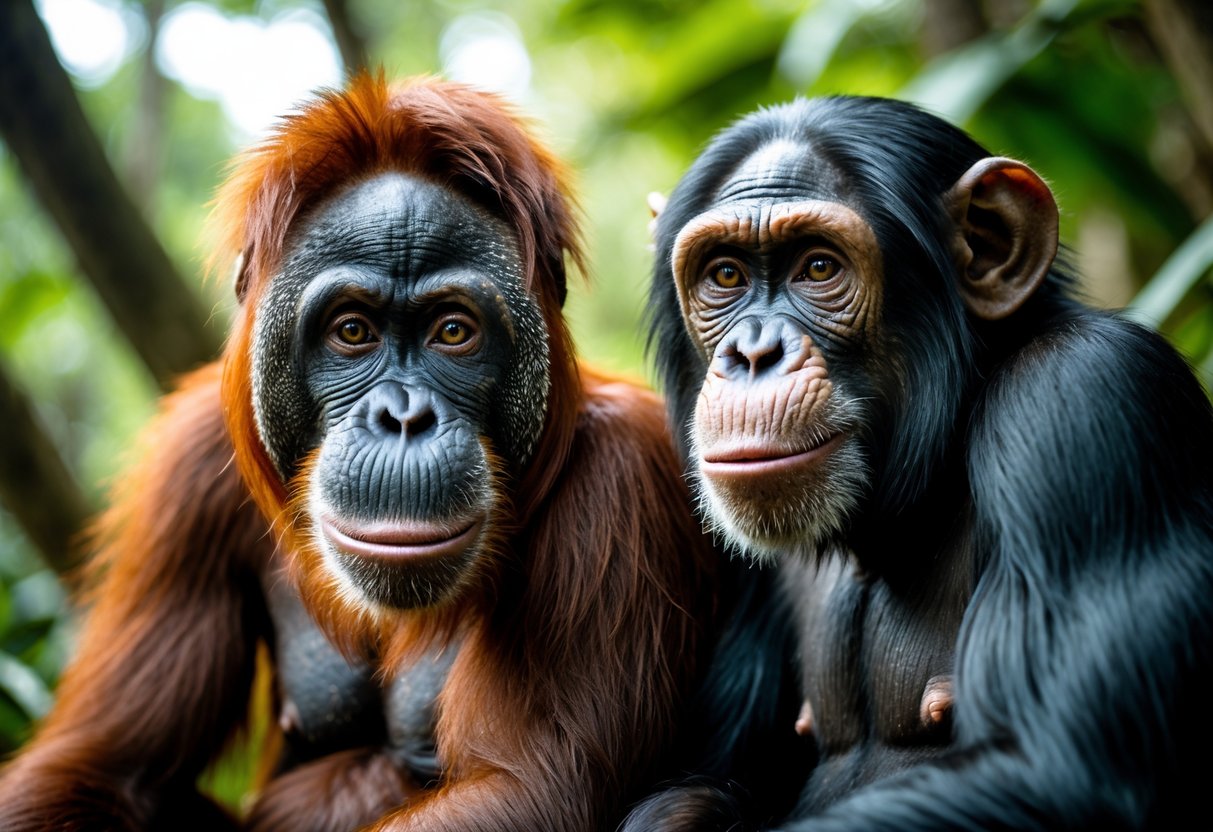 An orangutan and a chimpanzee sitting side by side in a green jungle, both looking thoughtfully ahead.