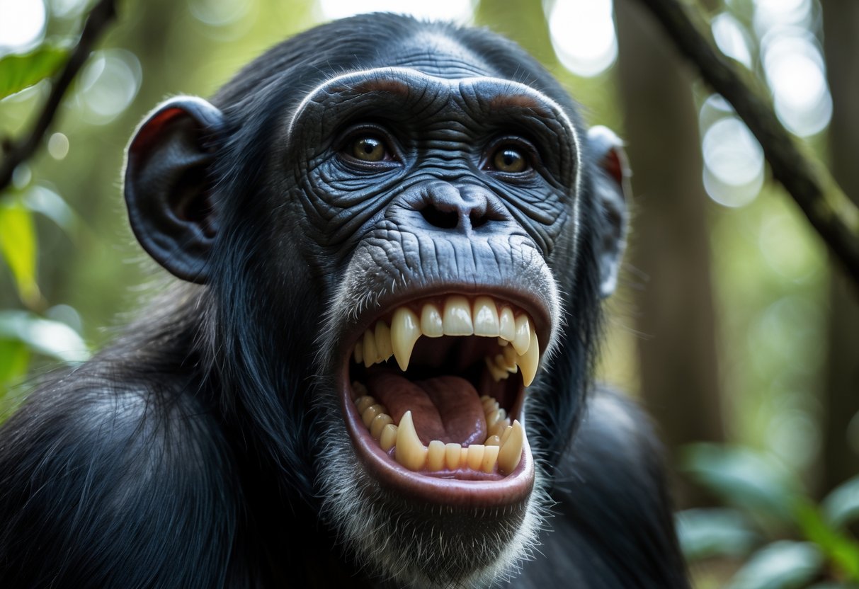 Close-up of a chimpanzee showing its open mouth and teeth in a natural forest setting.