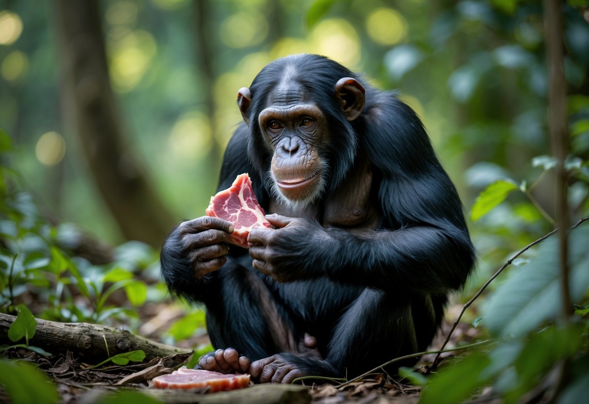 A chimpanzee sitting in a forest holding a piece of raw meat and looking at it closely.