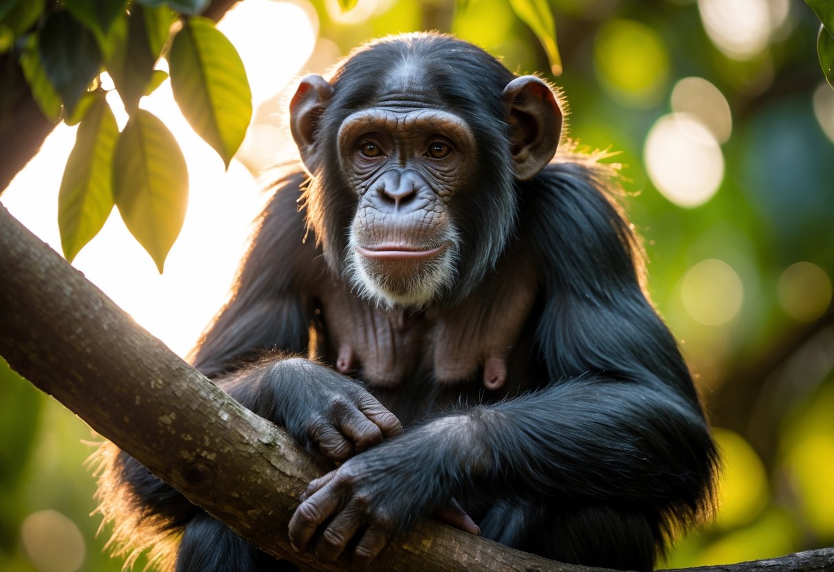 A chimpanzee sitting on a tree branch surrounded by green leaves in a forest.