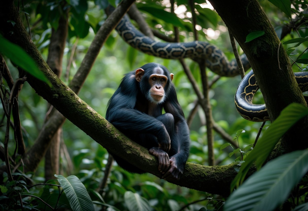 A chimpanzee sitting on a tree branch in a dense jungle with a leopard and a python visible nearby.
