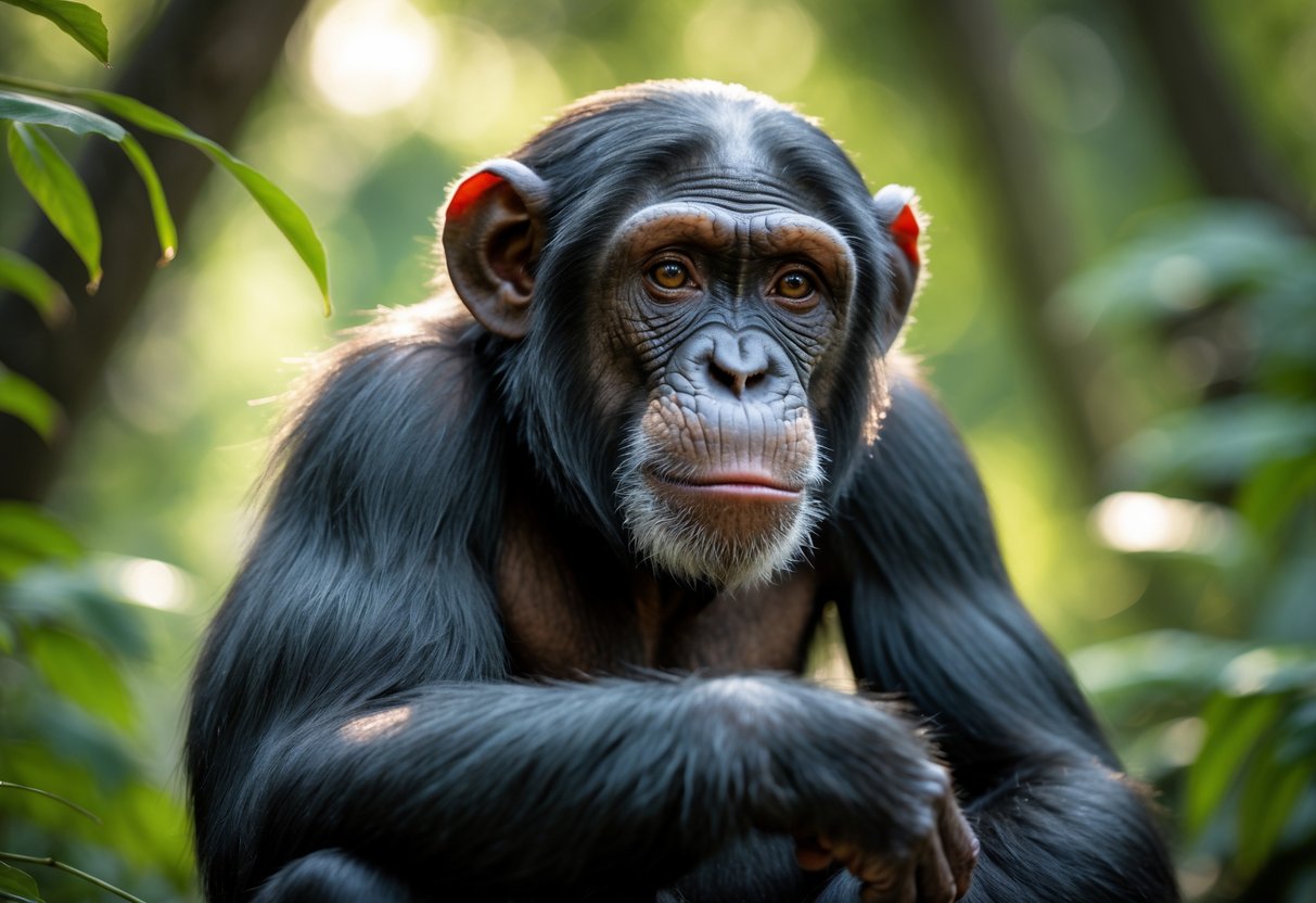 An adult chimpanzee sitting in a forest, looking thoughtfully into the distance.
