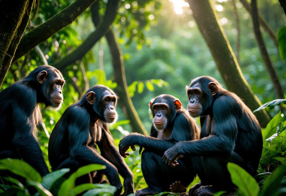 A group of chimpanzees in a dense forest surrounded by green trees and foliage.