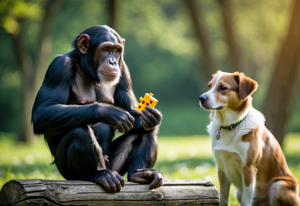 A chimpanzee holding a puzzle toy while a dog watches attentively in a green outdoor setting.