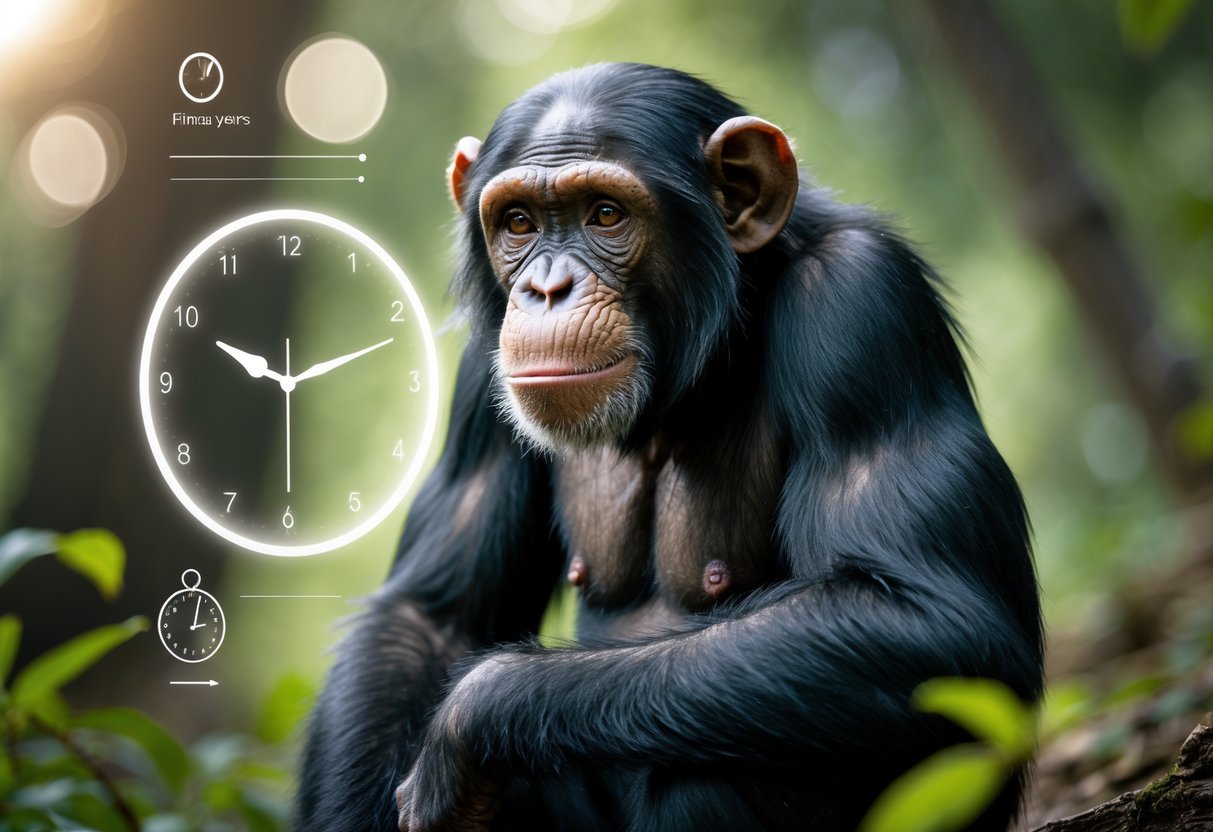 A chimpanzee sitting in a forest, looking thoughtful with a natural background.
