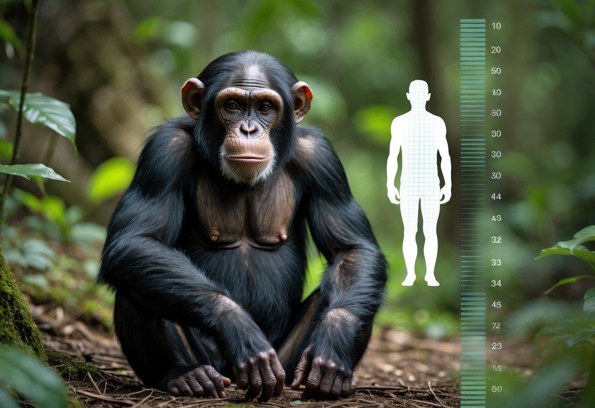 An adult chimpanzee sitting on the forest floor surrounded by green plants, looking directly at the camera.