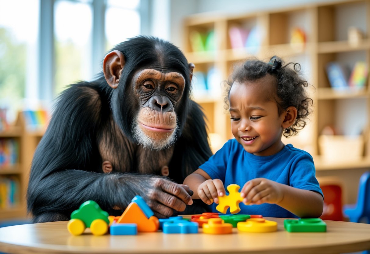 A chimpanzee and a young child sitting together at a table with educational toys and puzzles in a bright classroom.