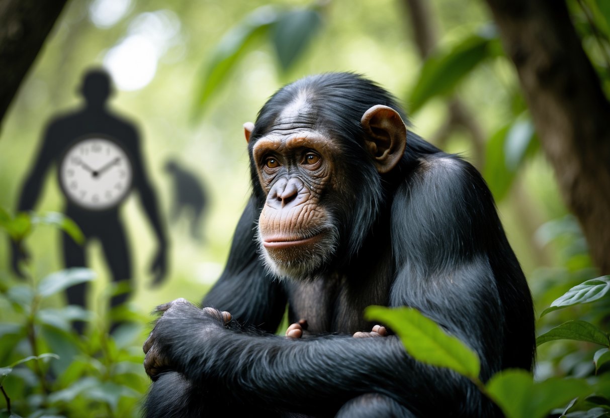 A close-up of an adult chimpanzee sitting in a forest, showing detailed facial features and thoughtful expression.