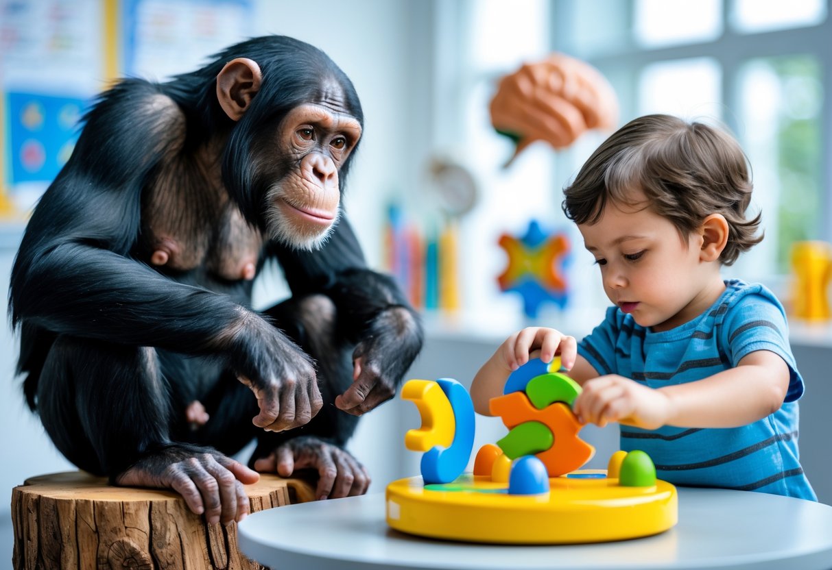 A chimpanzee and a young child sitting across from each other, both focused on solving the same puzzle on a table.