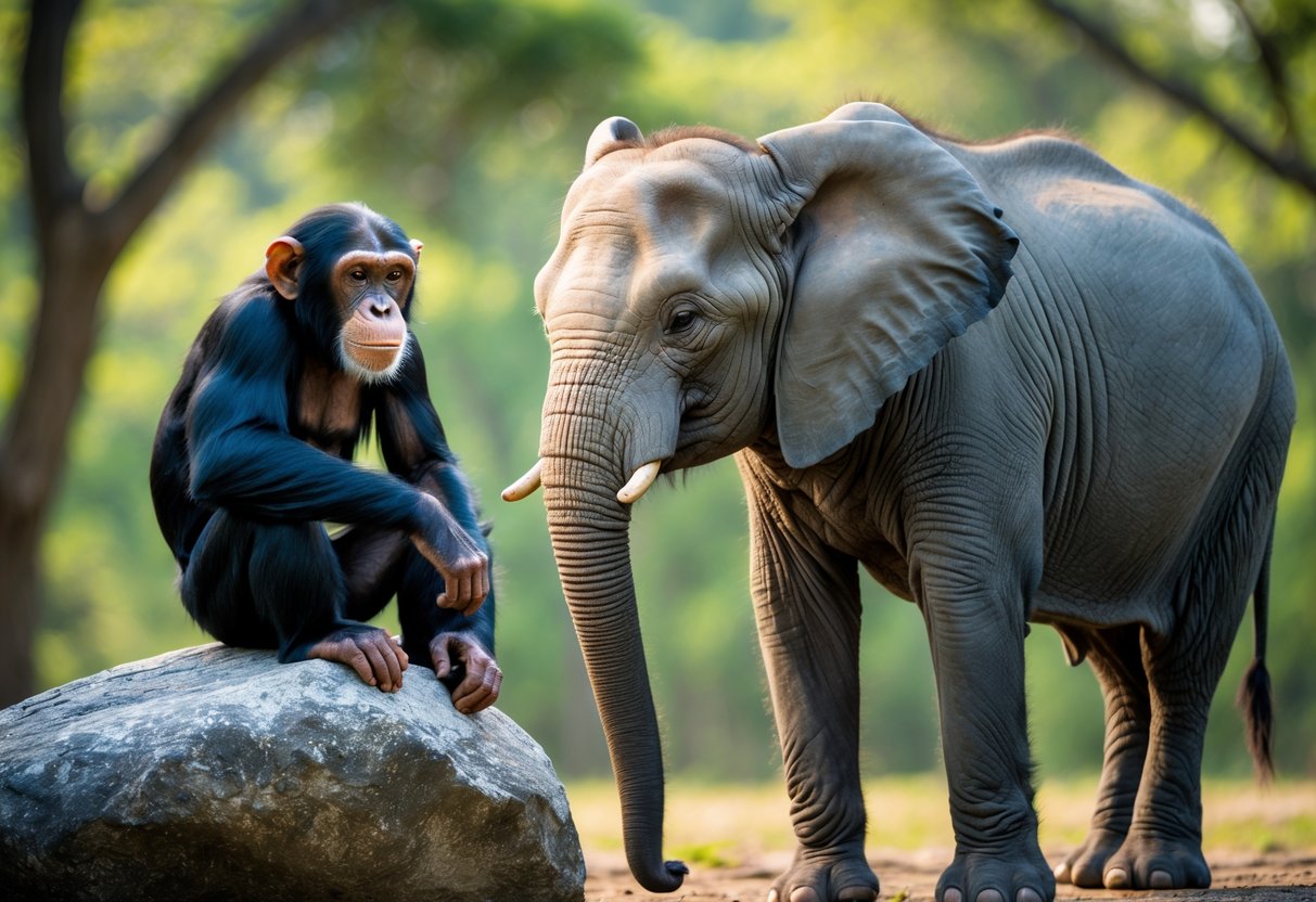 A chimpanzee sitting on a rock facing an elephant standing calmly in a forest clearing.