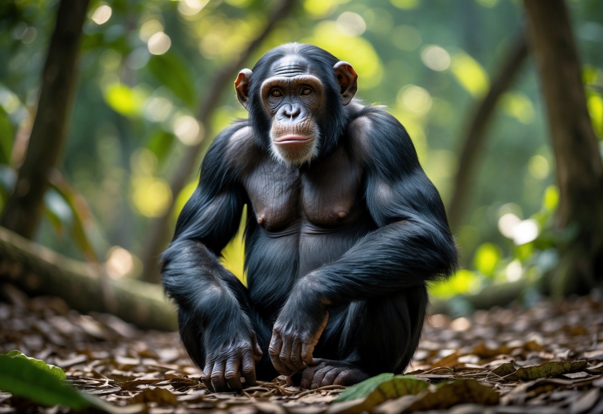 A large adult chimpanzee sitting on a forest floor surrounded by green foliage.