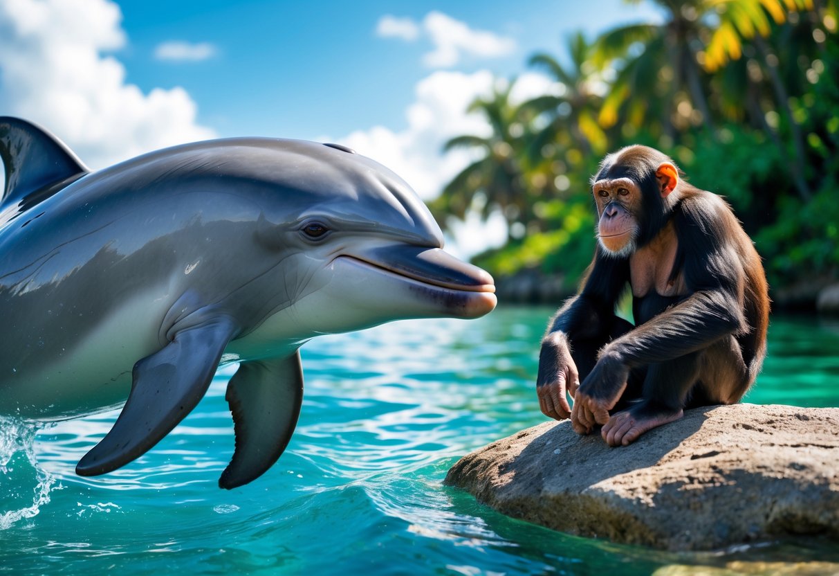 A dolphin in the ocean looks toward a chimpanzee sitting on a rock near the water's edge.