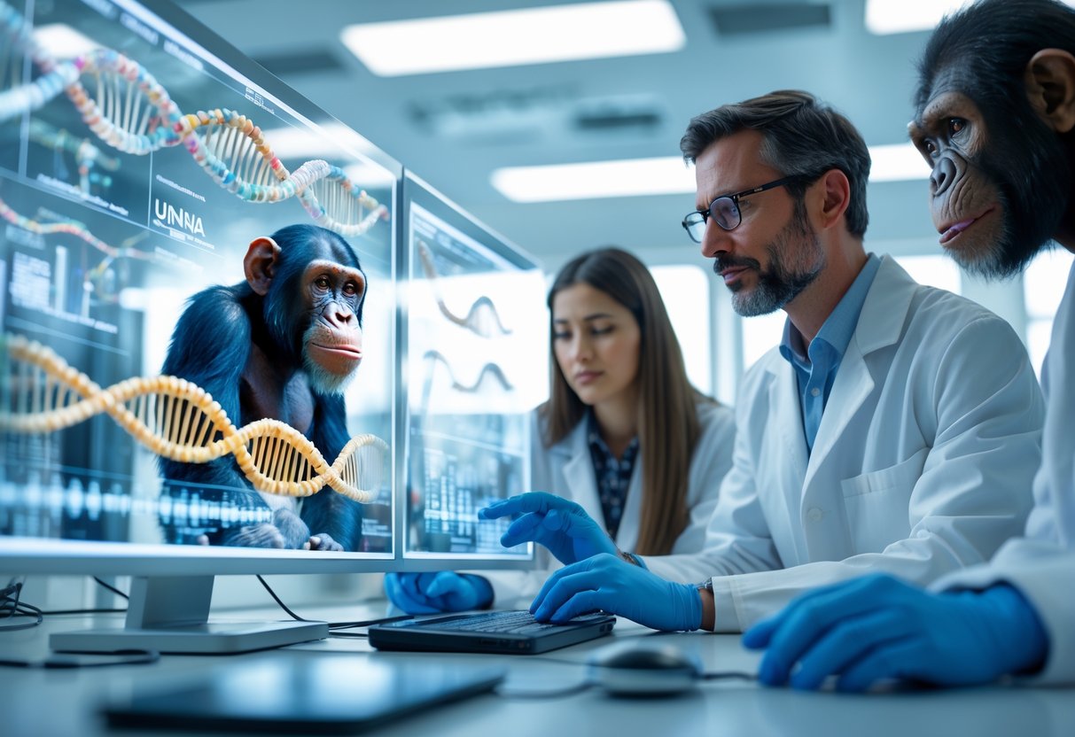 Scientists in a laboratory examining 3D models of human and chimpanzee DNA on digital screens.