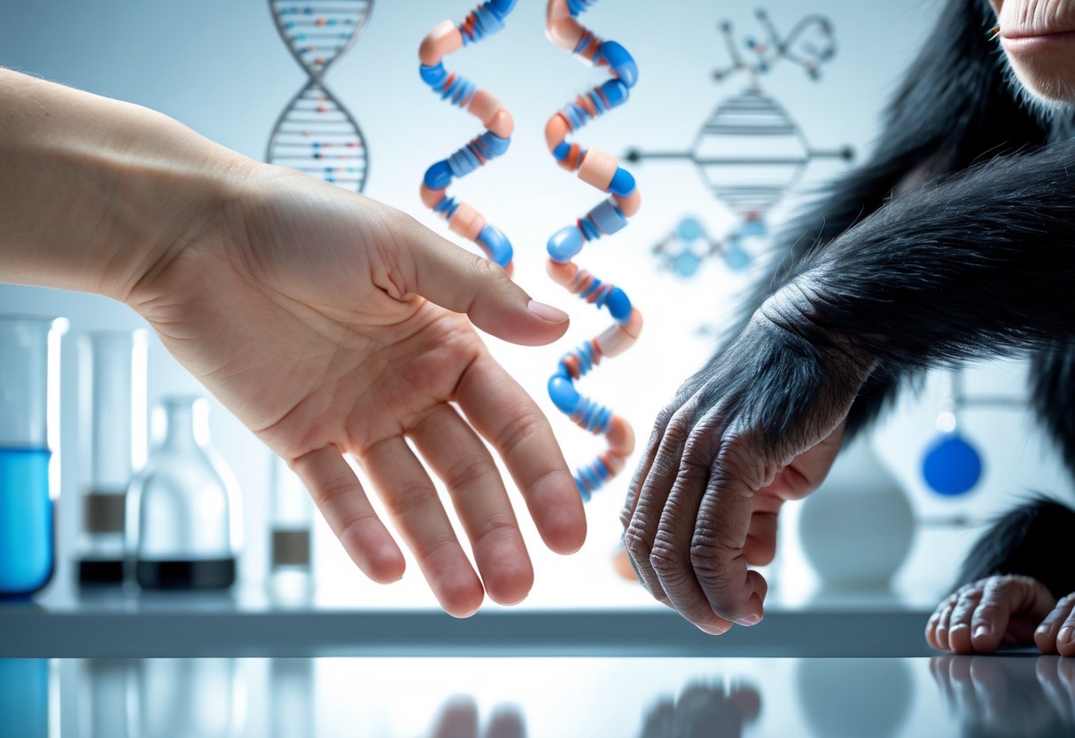 A human hand and a chimpanzee hand reaching toward each other but not touching, with a blurred background showing DNA models and scientific diagrams.