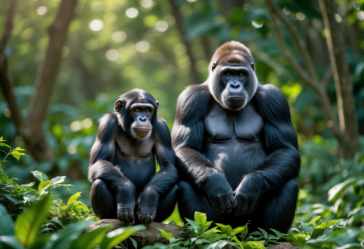 A gorilla and a chimpanzee sitting side by side in a green forest.