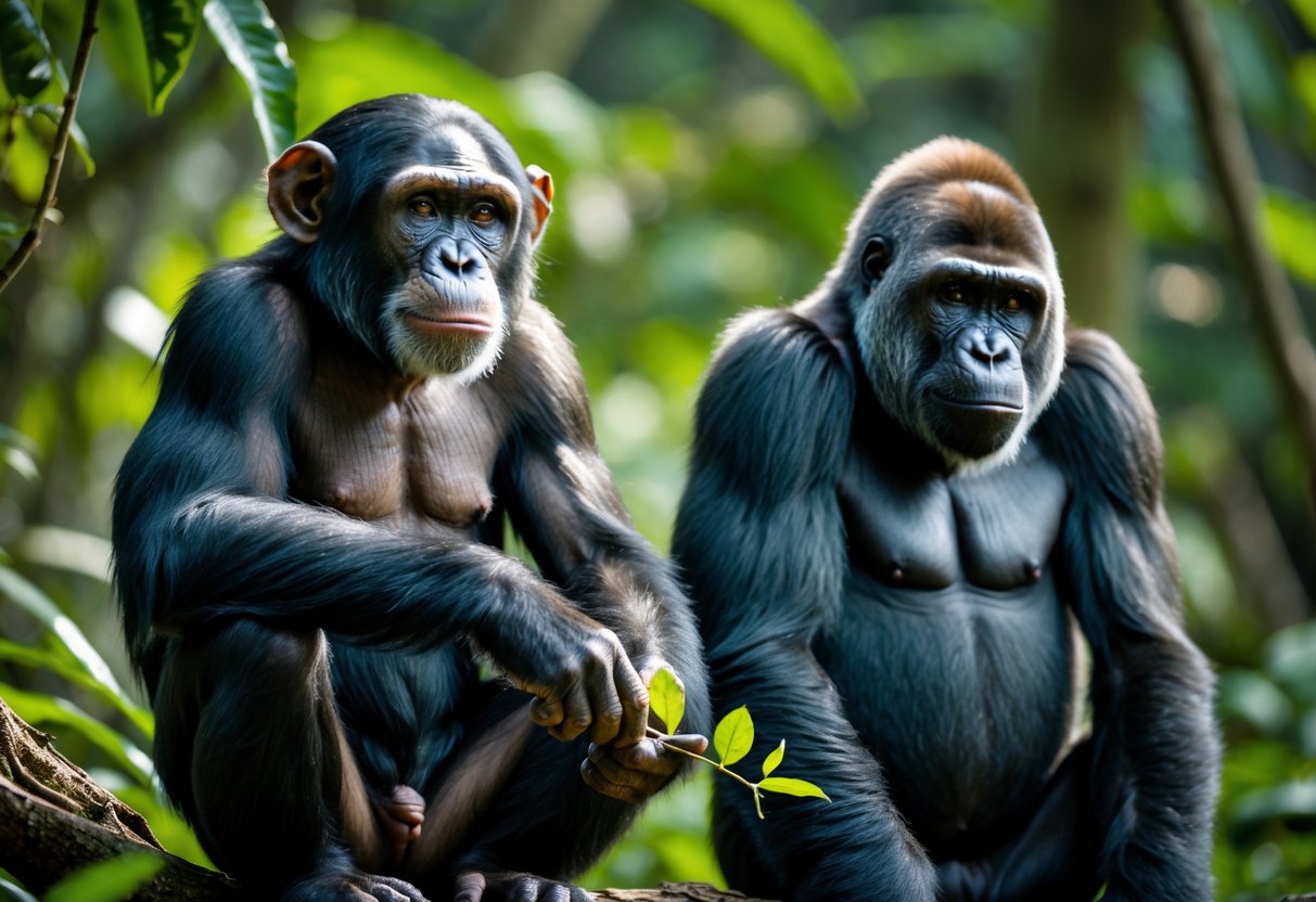 A chimpanzee and a gorilla sitting together in a jungle setting, both appearing thoughtful.