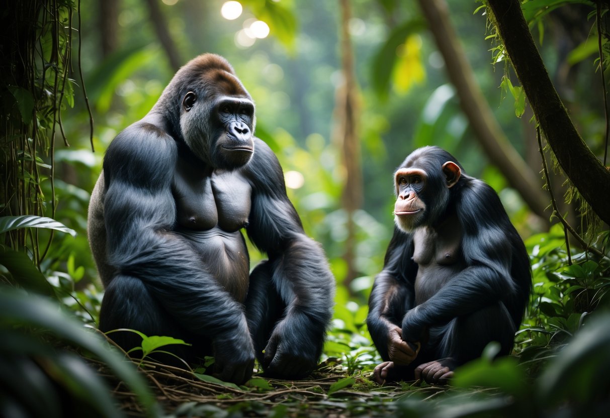 A gorilla and a chimpanzee sitting close together on the forest floor in a dense jungle.