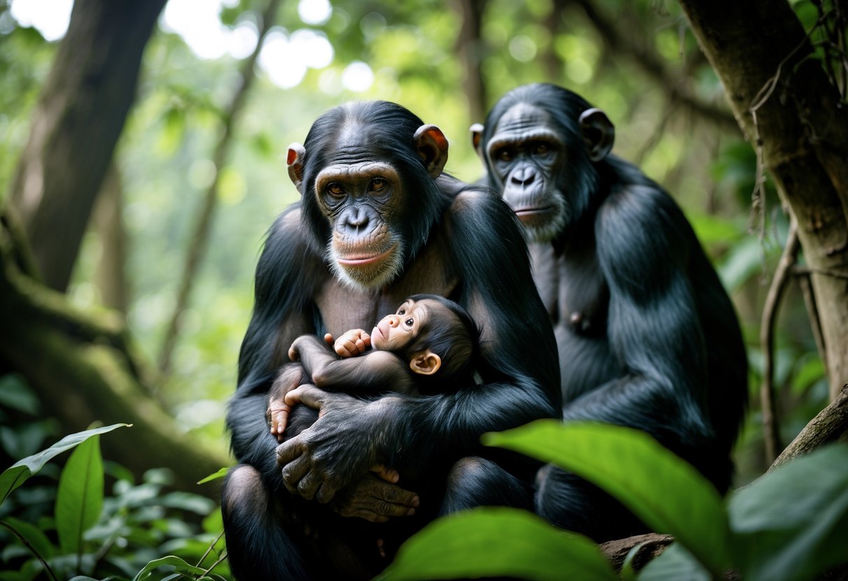A mother chimpanzee holding her newborn baby while an adult male chimpanzee watches nearby in a forest setting.