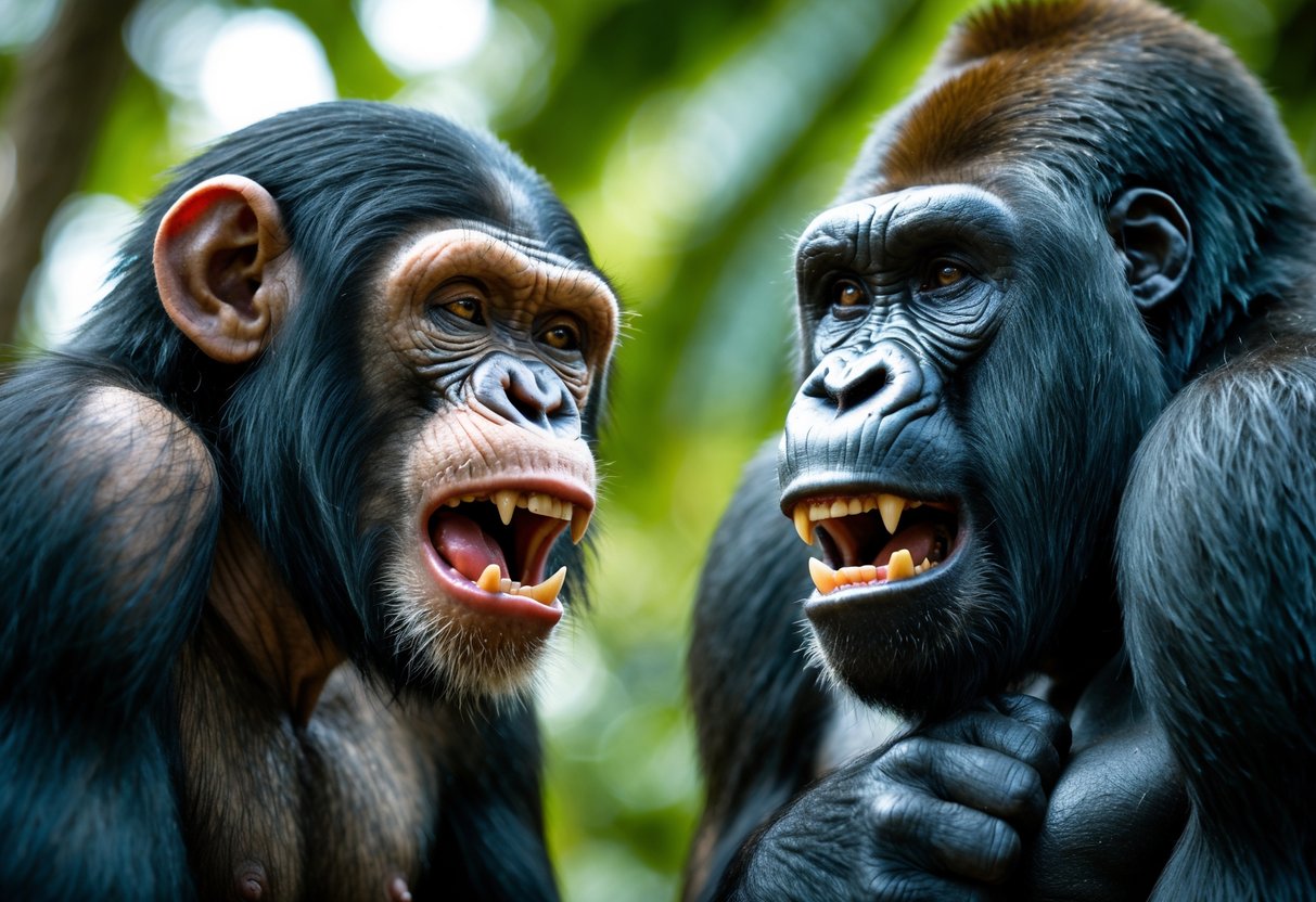 A chimpanzee and a gorilla facing each other aggressively in a jungle setting.