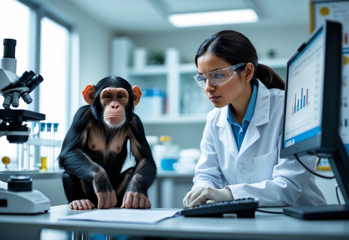 A female scientist in a lab coat examines genetic data on a computer while a chimpanzee sits nearby in a laboratory.