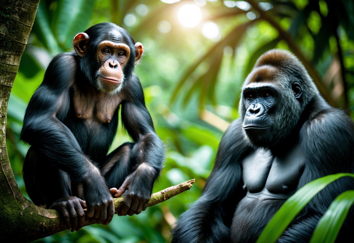A chimpanzee sitting on a tree branch and a gorilla standing on the forest floor surrounded by dense jungle vegetation.