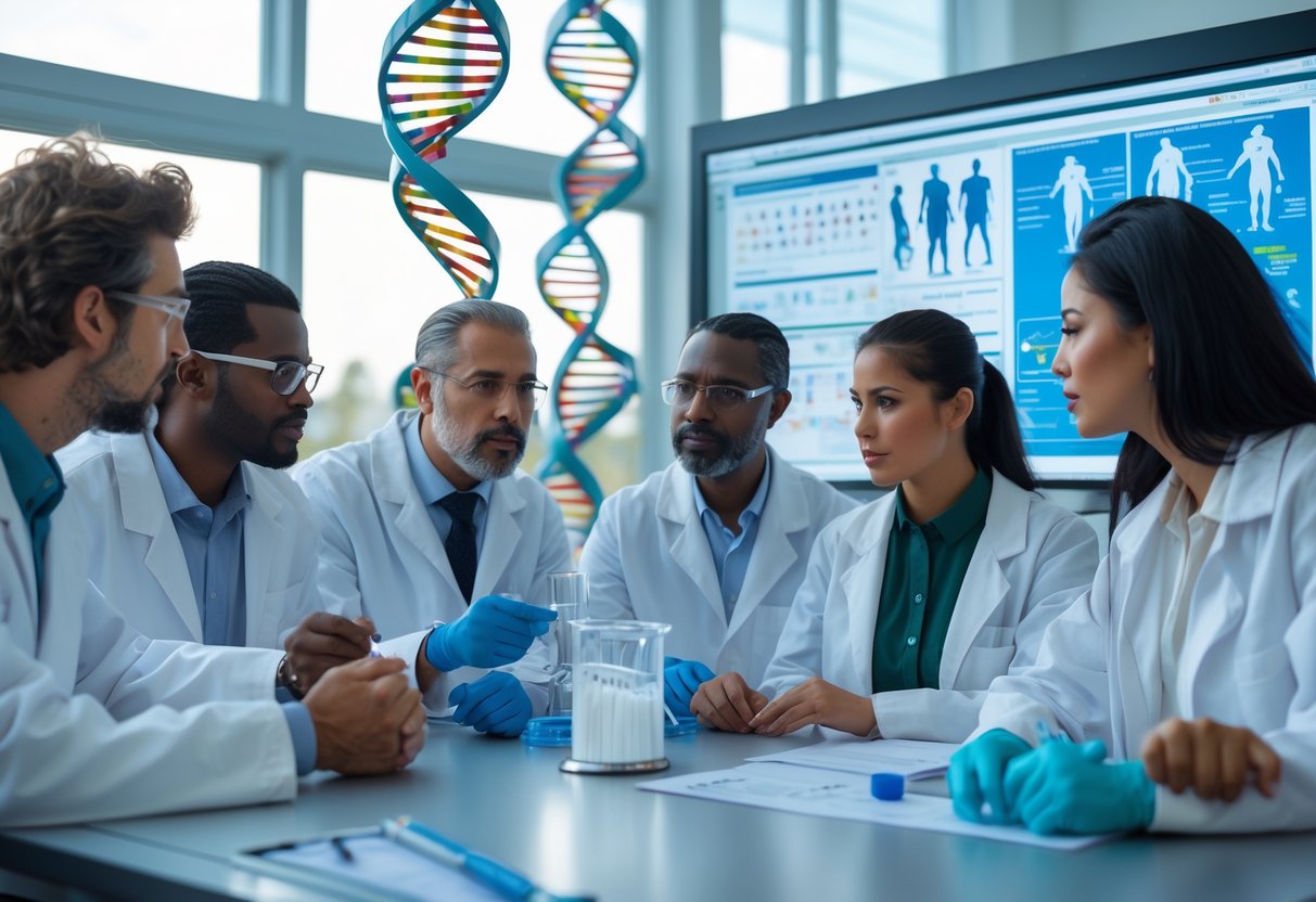 Scientists in a modern laboratory discussing genetic data about humans and chimpanzees, with DNA models and charts visible.