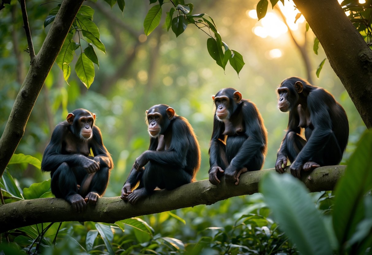 A group of female chimpanzees in a dense jungle, showing calm and alert expressions among green trees and sunlight.