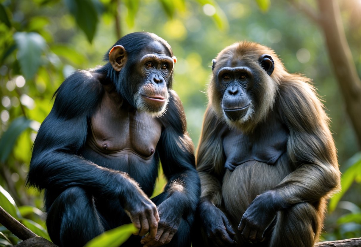 A chimpanzee and a bonobo sitting close together in a forest, interacting gently.