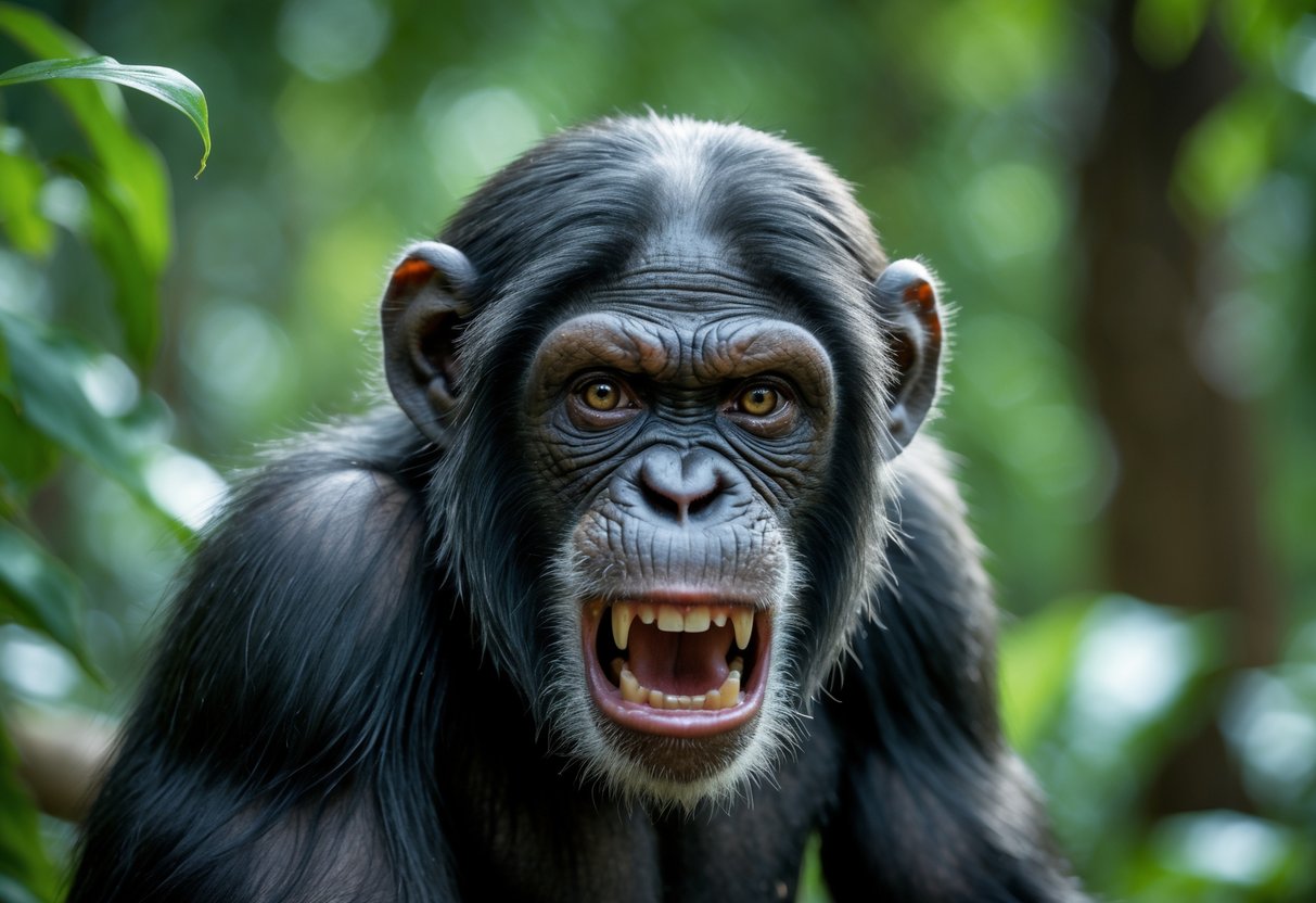 A chimpanzee in a forest showing an angry facial expression with furrowed brows and bared teeth.
