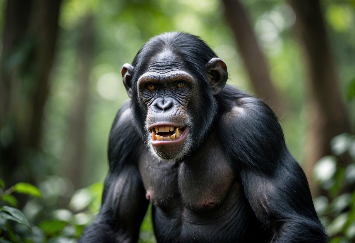 Close-up of a young adult chimpanzee in a forest showing an intense expression with bared teeth and furrowed brows.