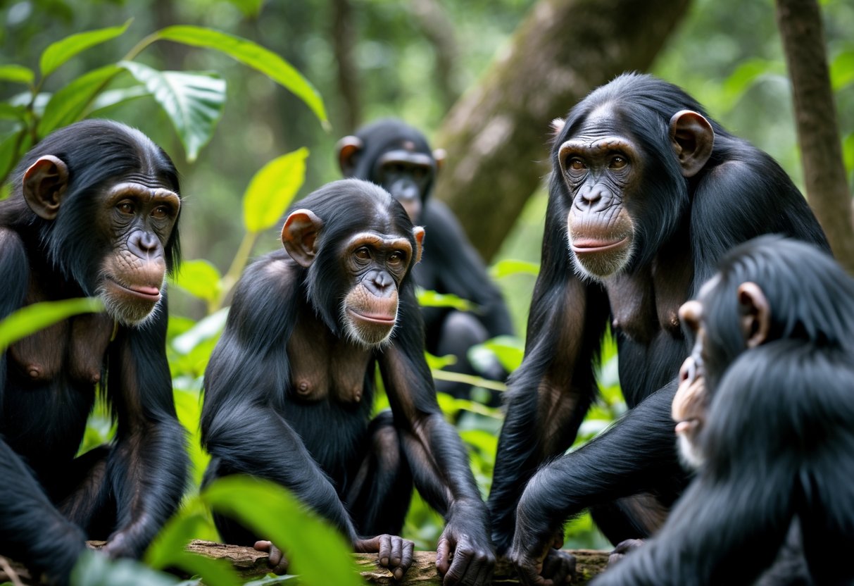A group of chimpanzees of different ages interacting in a forest setting, with one adolescent chimpanzee showing a focused expression apart from the others.
