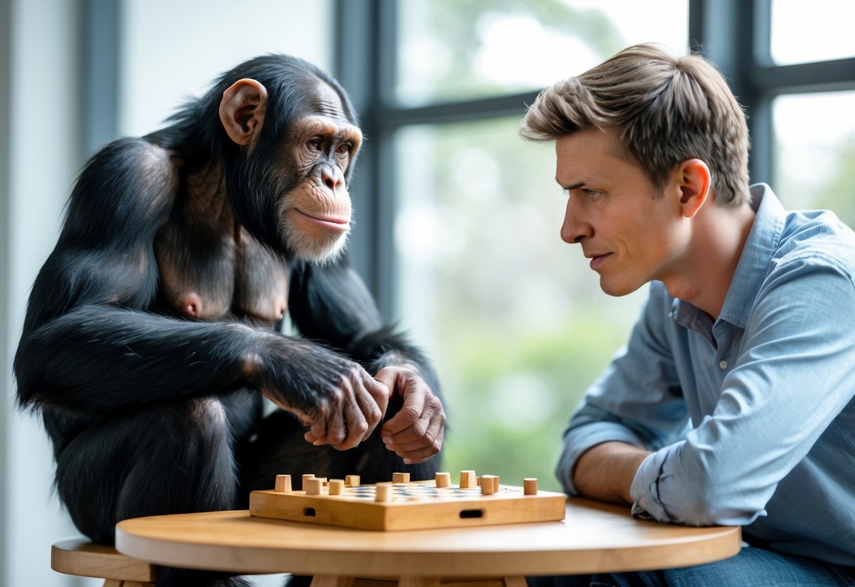 A chimpanzee and a human sitting at a table, both focused on solving a puzzle together.