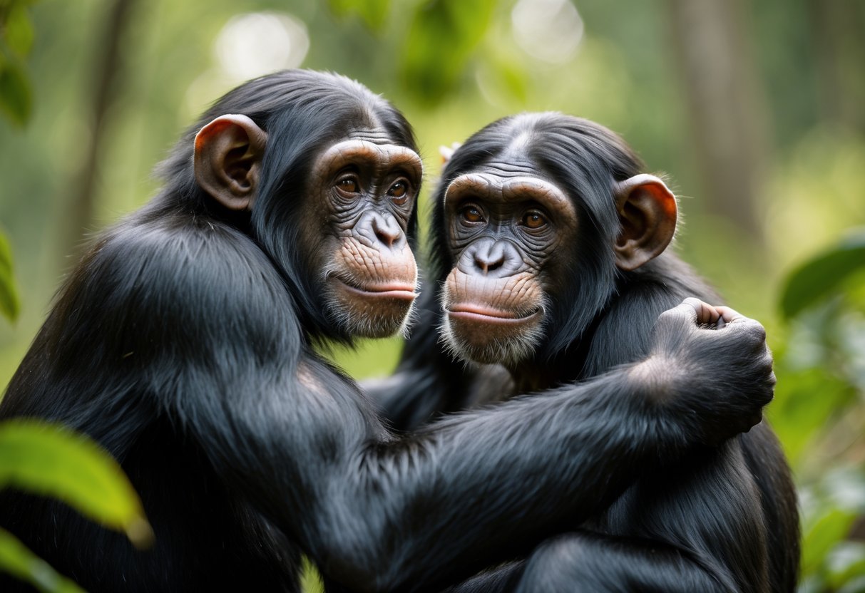 Two chimpanzees gently interacting in a green forest setting.