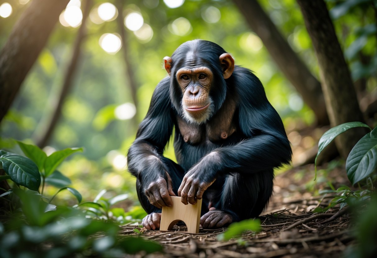 A chimpanzee sitting on the forest floor looking thoughtfully at a wooden puzzle surrounded by green plants.