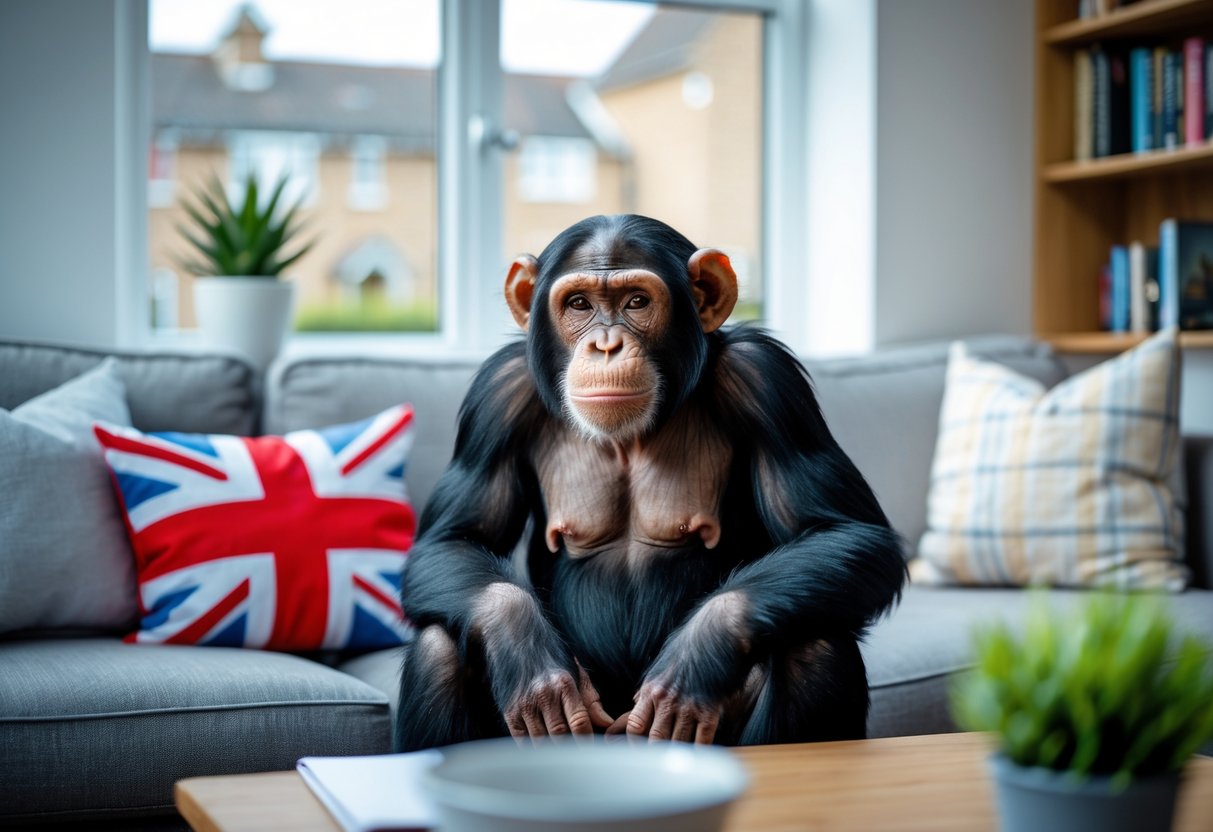 A chimpanzee sitting calmly in a living room with British decor and a window showing a suburban neighborhood.