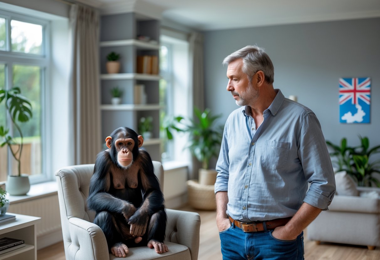 A man looking thoughtfully at a chimpanzee sitting calmly in a living room with UK-themed decor.