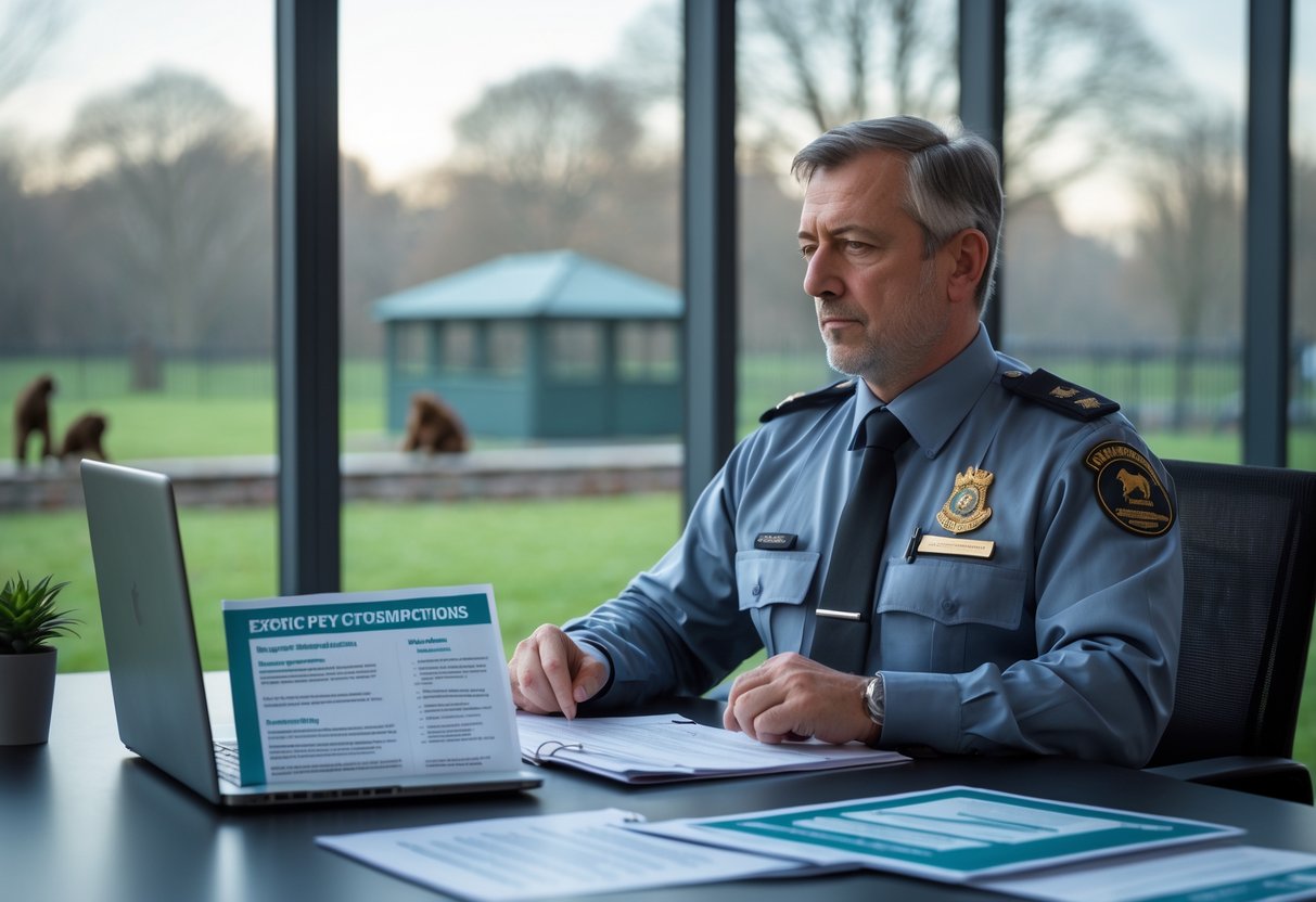 A government official reviewing documents about exotic pet licensing in an office with a view of a park and a chimpanzee enclosure in the background.