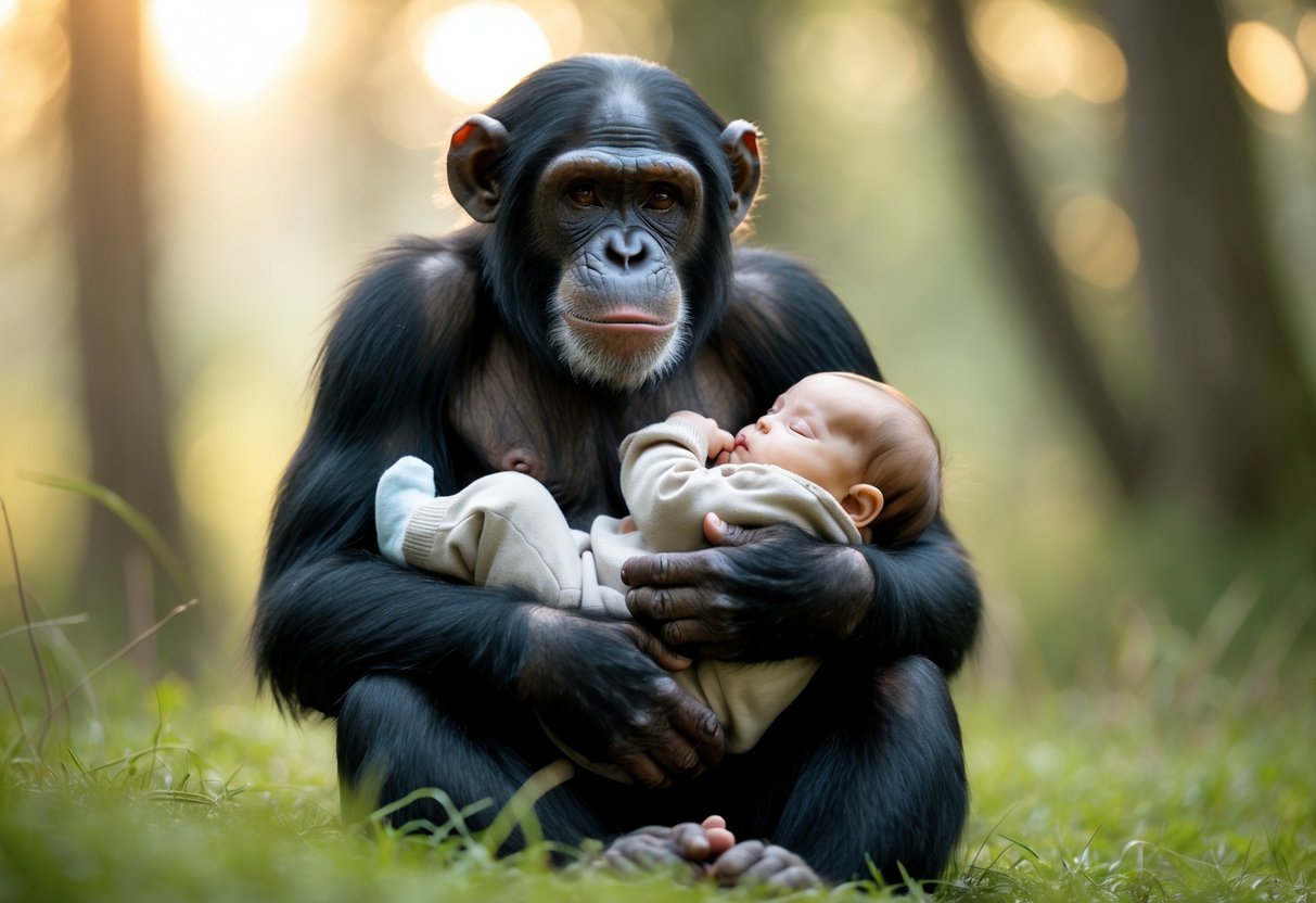 A chimpanzee gently holding a sleeping human baby outdoors in a natural setting.