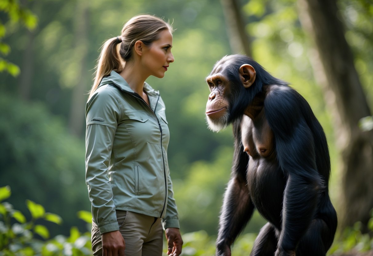 A person and a chimpanzee standing face-to-face in a forest, looking at each other calmly.
