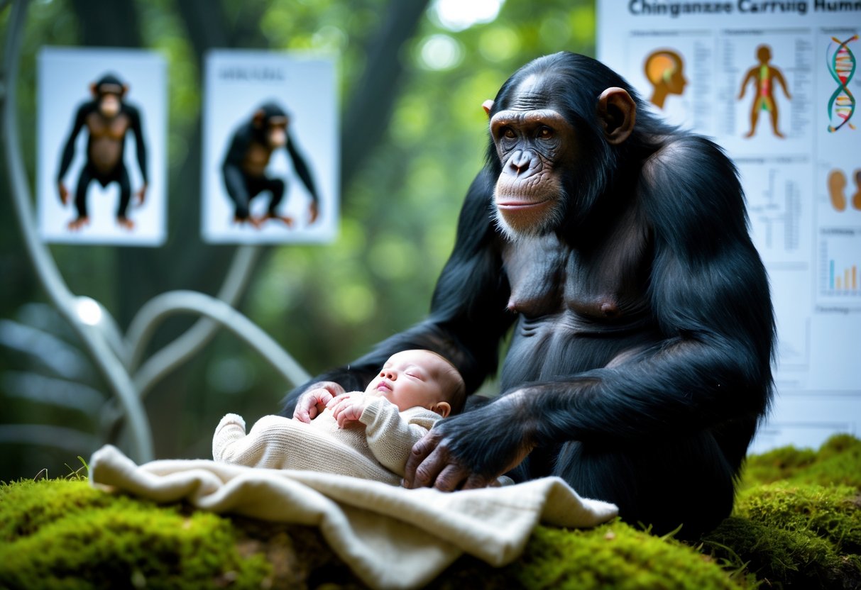 A chimpanzee sitting calmly near a human baby lying on a blanket in a natural setting with scientific elements in the background.