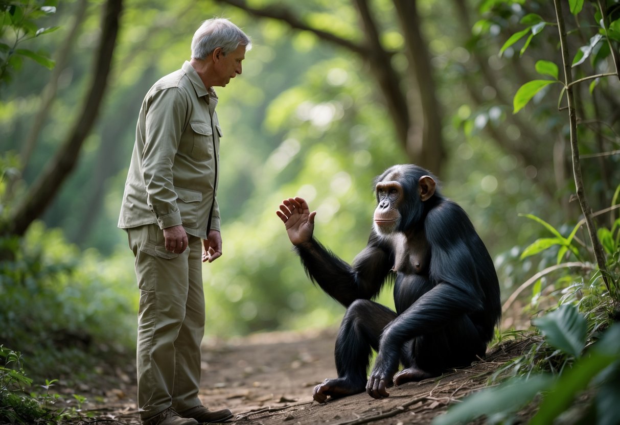 A person calmly standing near a chimpanzee in a green forest, both appearing peaceful and cautious.