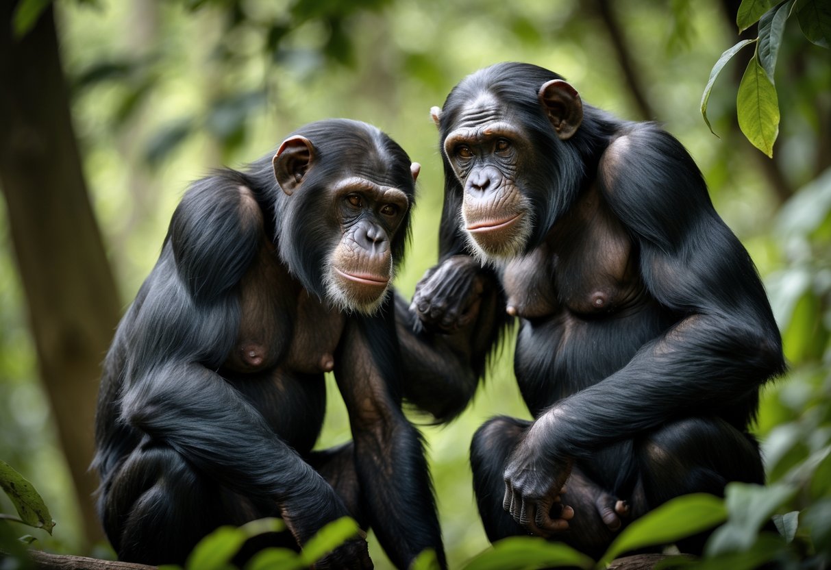 Two chimpanzees in a forest showing one appearing dominant and the other submissive during a social interaction.