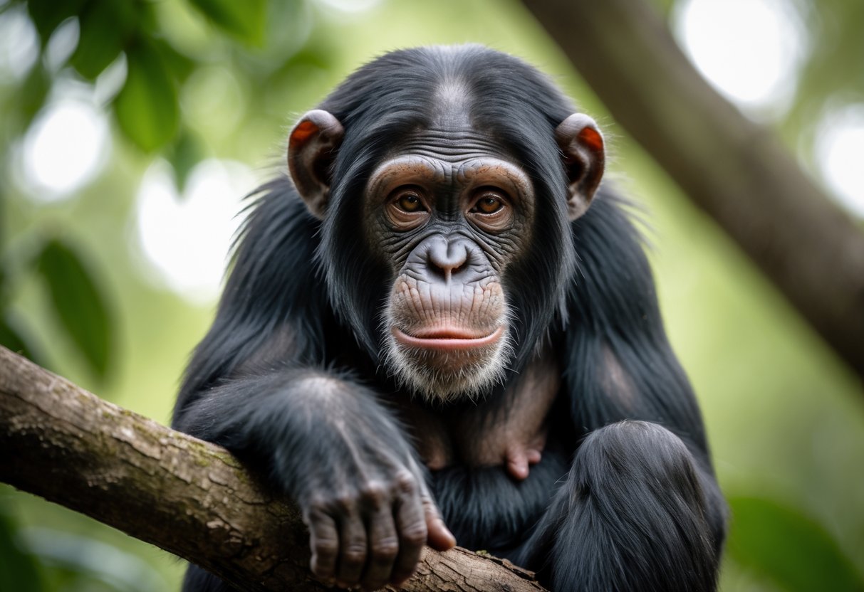 Close-up of a chimpanzee sitting on a tree branch with a thoughtful and slightly pained expression surrounded by green leaves.